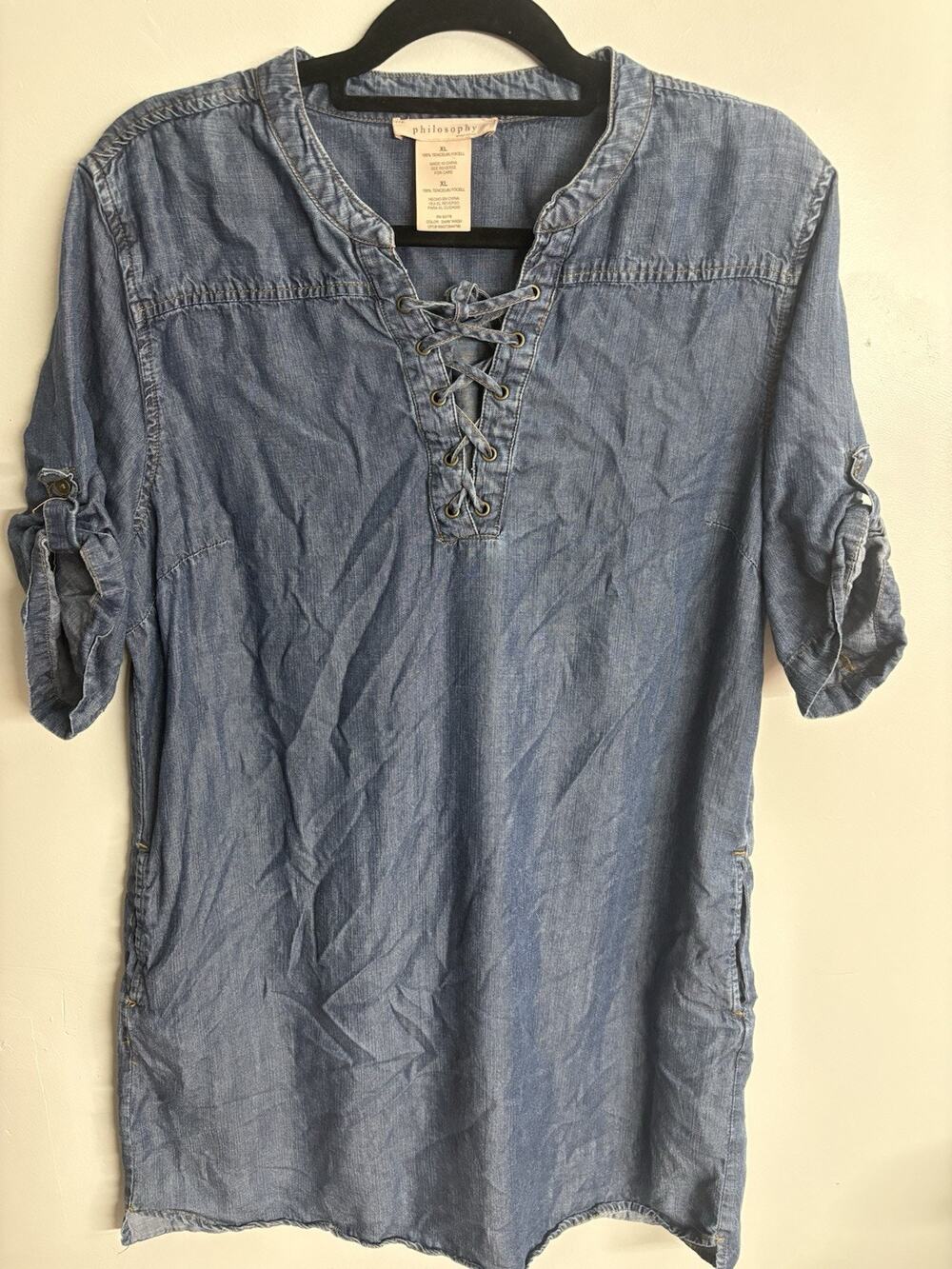 Philosophy Republic Clothing XL Chambray Tencel Lyocell Lace Up Tunic Top Blue